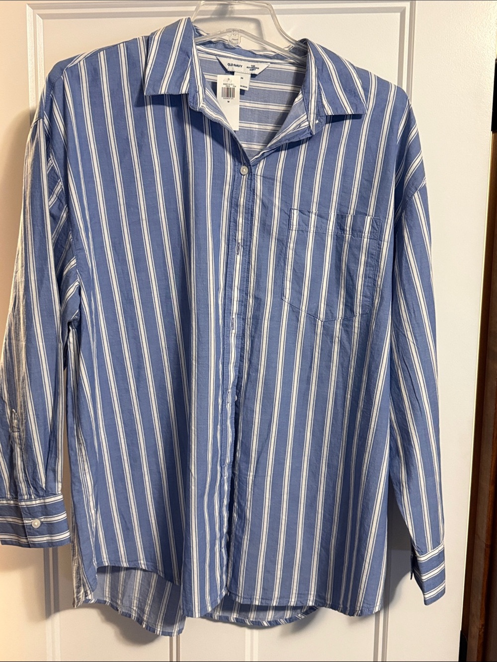 Old Navy Blue and White Boyfriend Stripe Button-Down Shirt